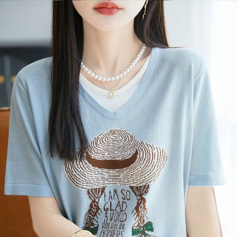 サマープリント×フェイクツーウェイ 半袖 レディース Tシャツ トップス