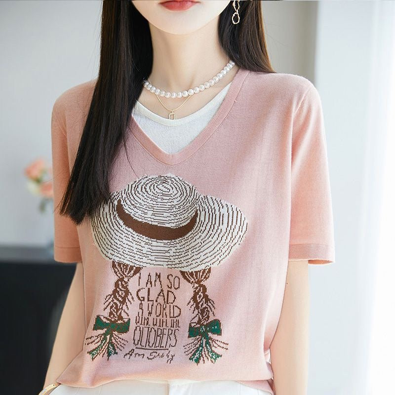 サマープリント×フェイクツーウェイ 半袖 レディース Tシャツ トップス
