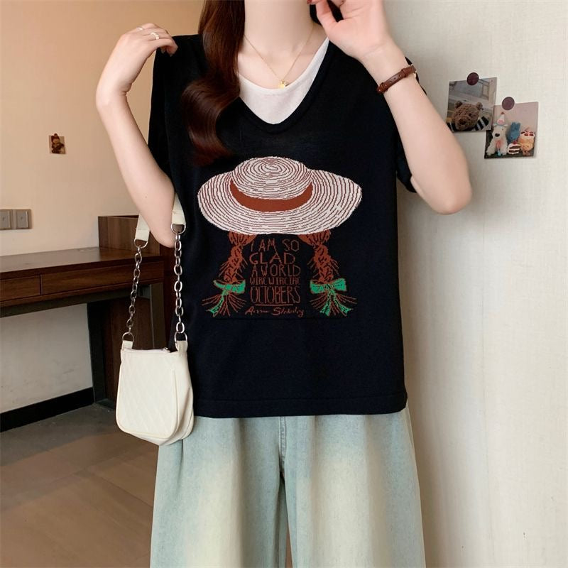 サマープリント×フェイクツーウェイ 半袖 レディース Tシャツ トップス
