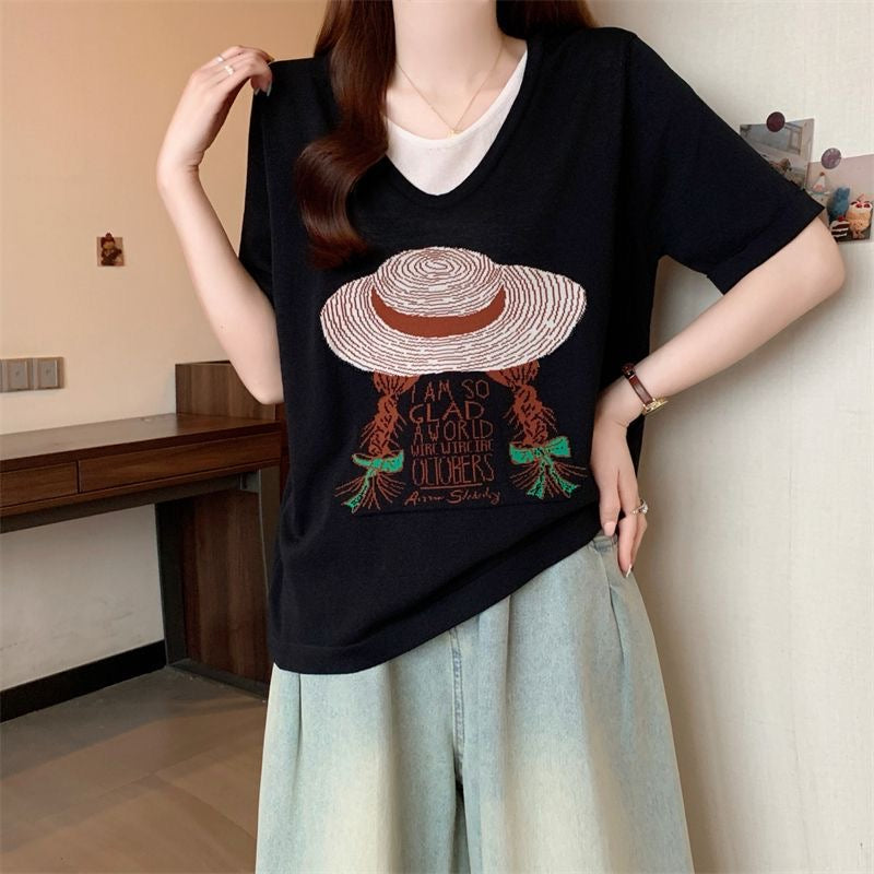 サマープリント×フェイクツーウェイ 半袖 レディース Tシャツ トップス