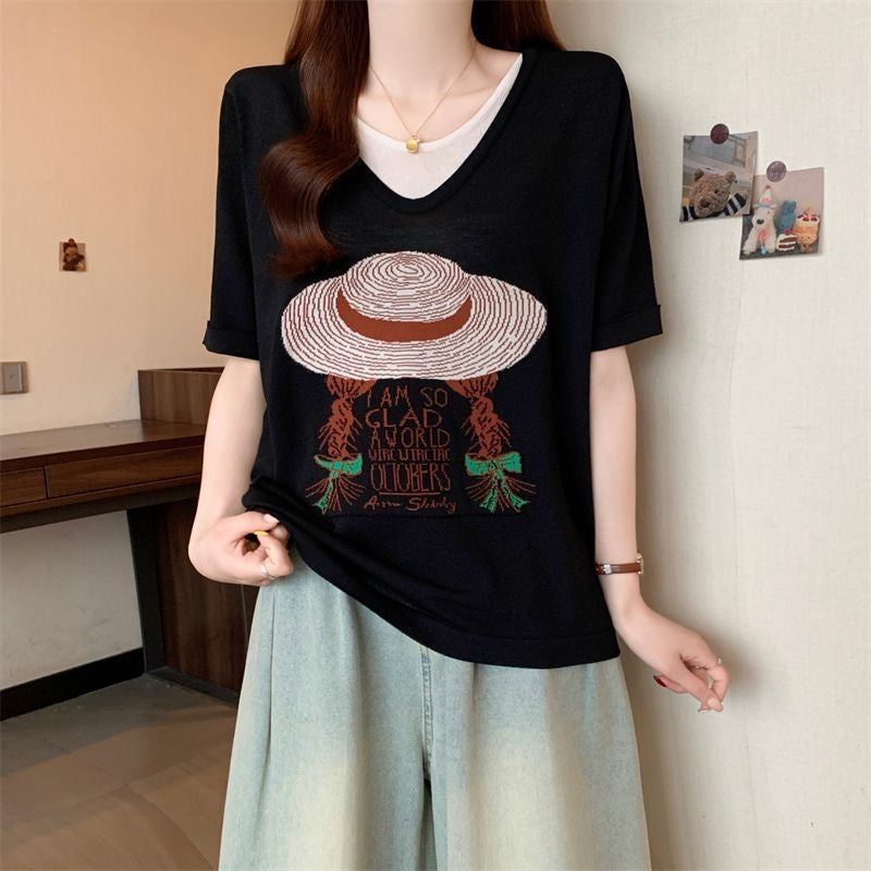 サマープリント×フェイクツーウェイ 半袖 レディース Tシャツ トップス