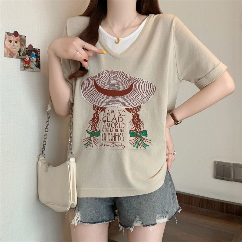 サマープリント×フェイクツーウェイ 半袖 レディース Tシャツ トップス