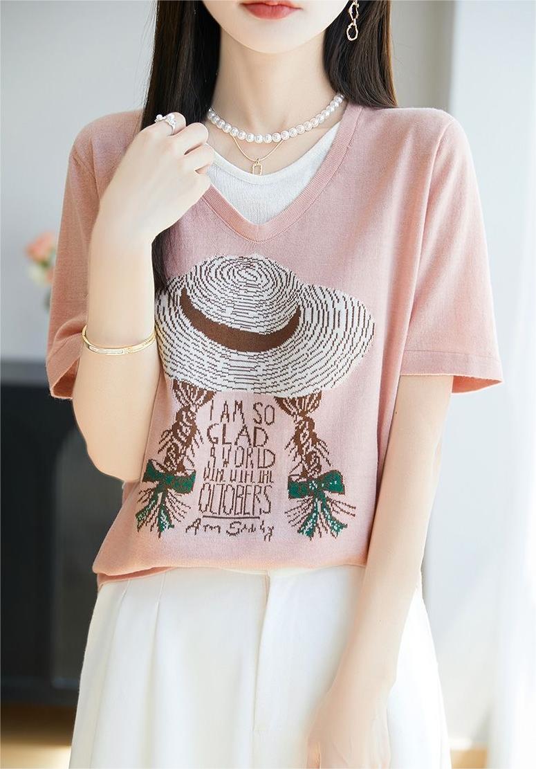 サマープリント×フェイクツーウェイ 半袖 レディース Tシャツ トップス