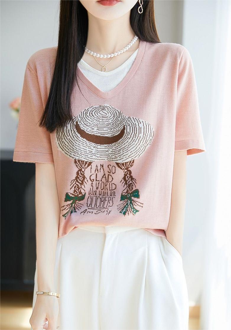 サマープリント×フェイクツーウェイ 半袖 レディース Tシャツ トップス