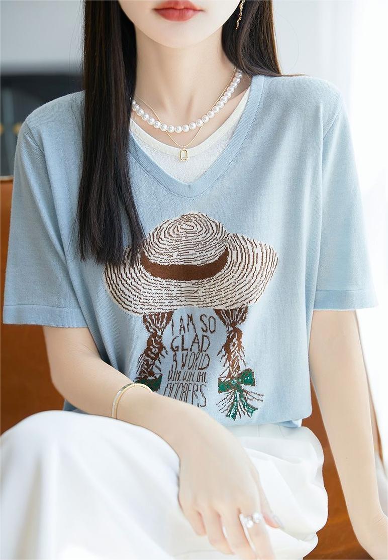 サマープリント×フェイクツーウェイ 半袖 レディース Tシャツ トップス