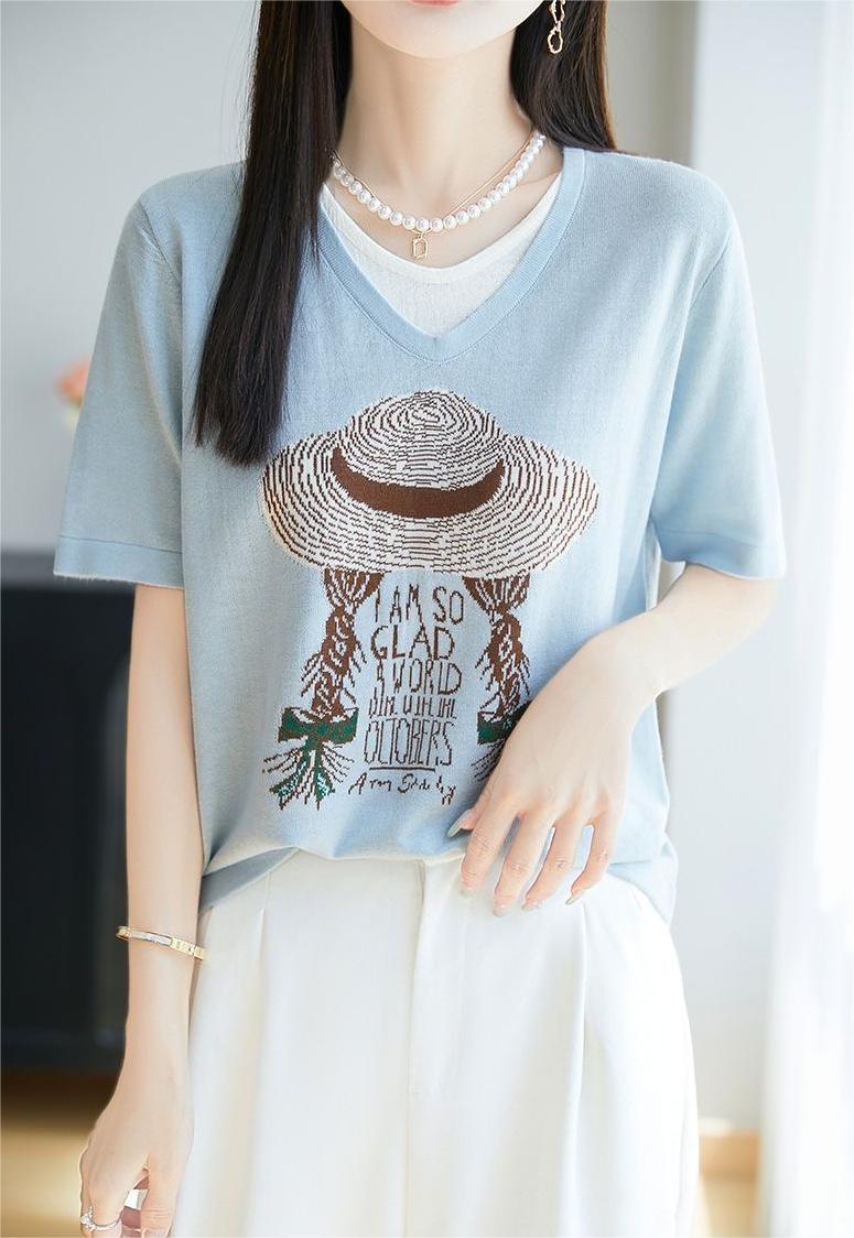 サマープリント×フェイクツーウェイ 半袖 レディース Tシャツ トップス