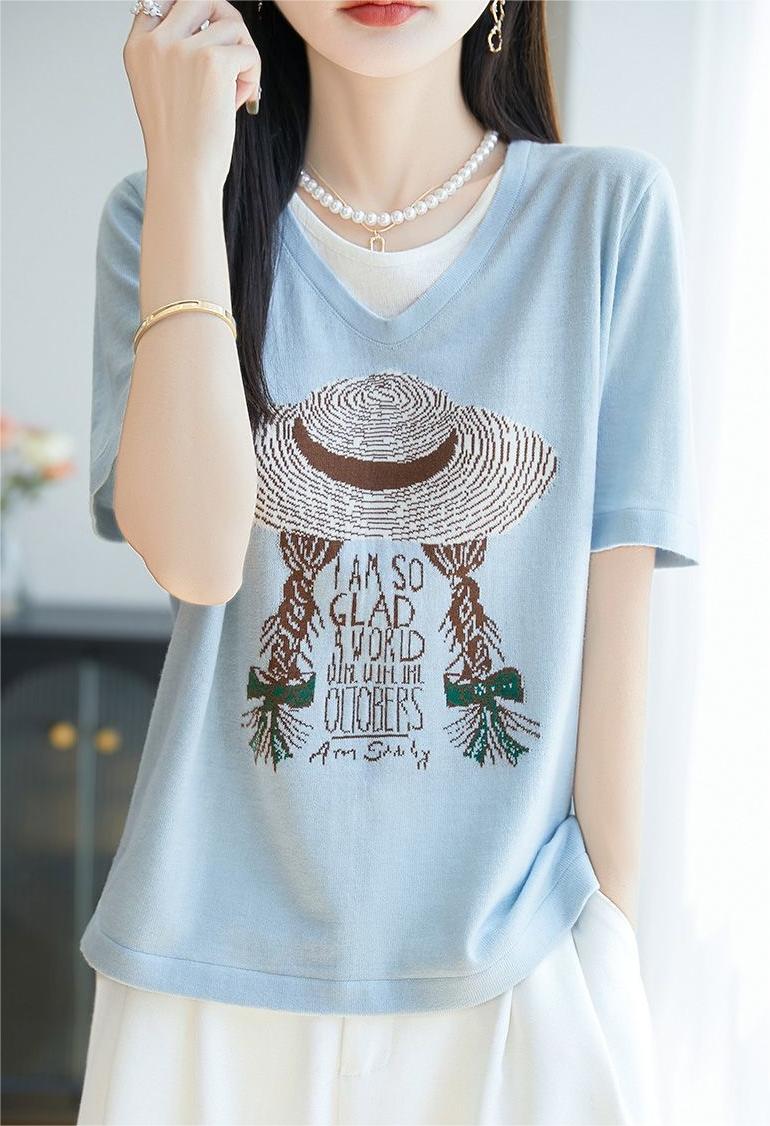 サマープリント×フェイクツーウェイ 半袖 レディース Tシャツ トップス