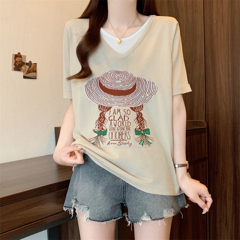 サマープリント×フェイクツーウェイ 半袖 レディース Tシャツ トップス