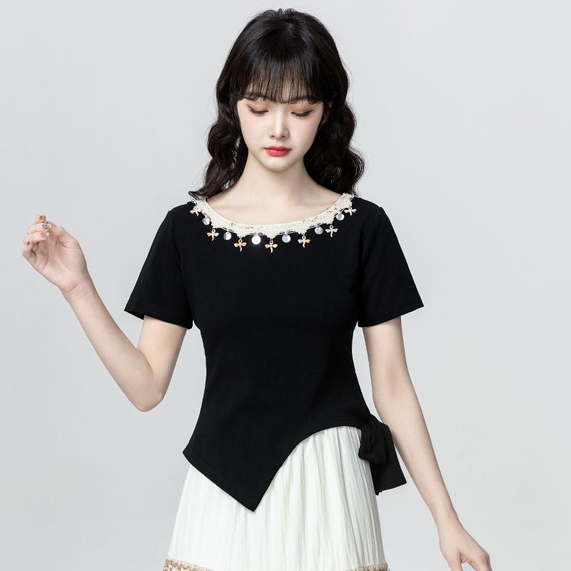 アシンメトリースリット 半袖 Tシャツ レディース トップス