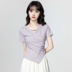 3色×半袖｜Vネック切り抜き アシンメトリー シルエットTシャツ レディース トップス