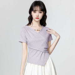 3色×半袖｜Vネック切り抜き アシンメトリー シルエットTシャツ レディース トップス