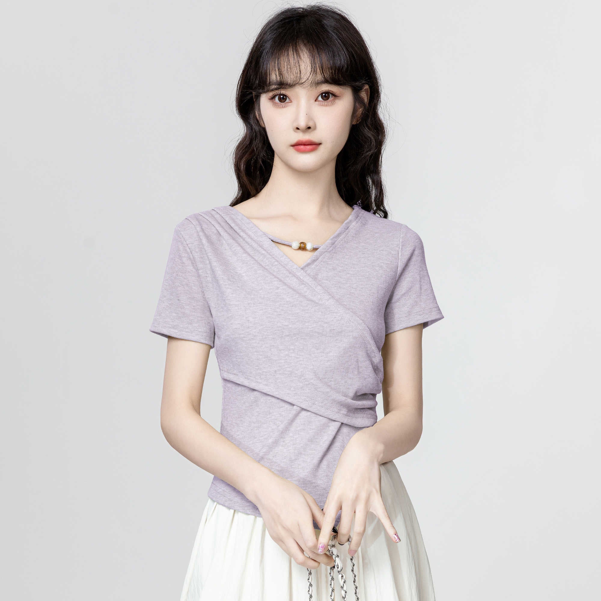 3色×半袖｜Vネック切り抜き アシンメトリー シルエットTシャツ レディース トップス
