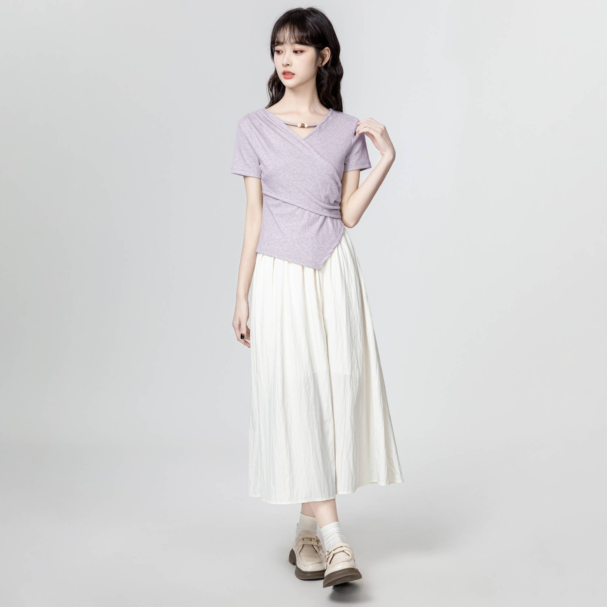 3色×半袖｜Vネック切り抜き アシンメトリー シルエットTシャツ レディース トップス