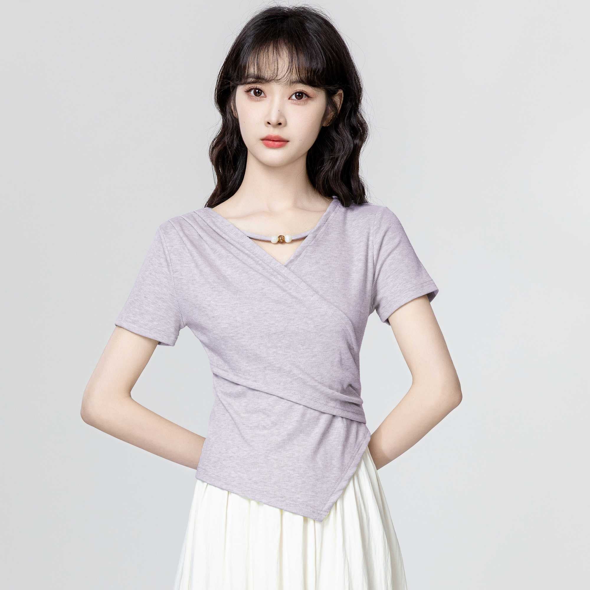3色×半袖｜Vネック切り抜き アシンメトリー シルエットTシャツ レディース トップス