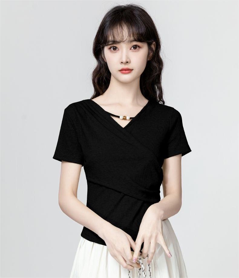 3色×半袖｜Vネック切り抜き アシンメトリー シルエットTシャツ レディース トップス