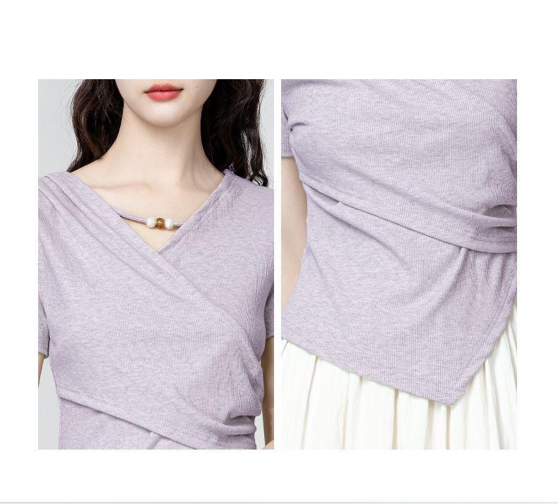 3色×半袖｜Vネック切り抜き アシンメトリー シルエットTシャツ レディース トップス