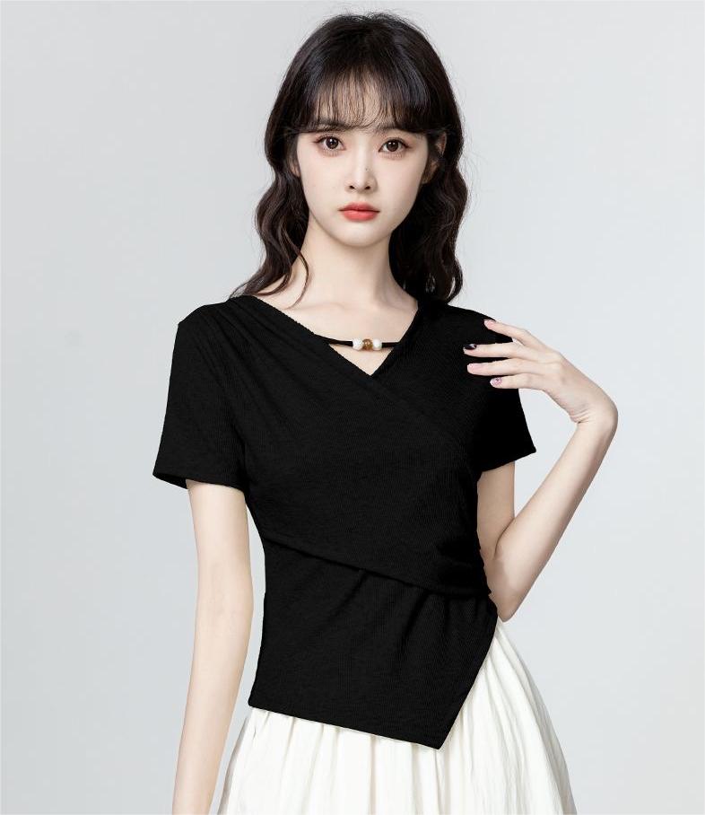 3色×半袖｜Vネック切り抜き アシンメトリー シルエットTシャツ レディース トップス