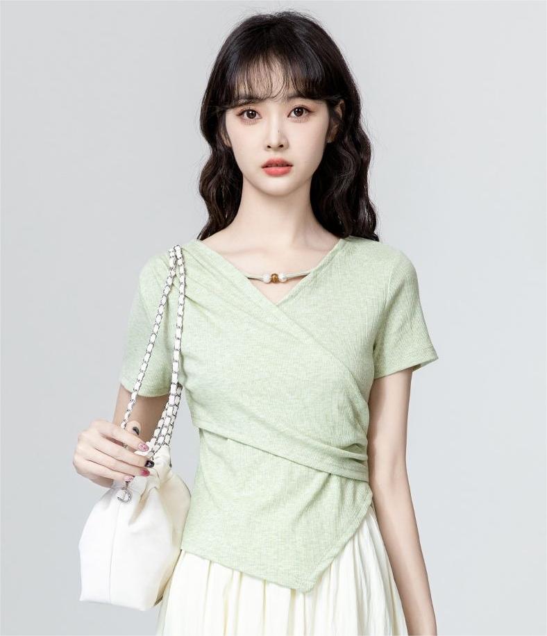 3色×半袖｜Vネック切り抜き アシンメトリー シルエットTシャツ レディース トップス
