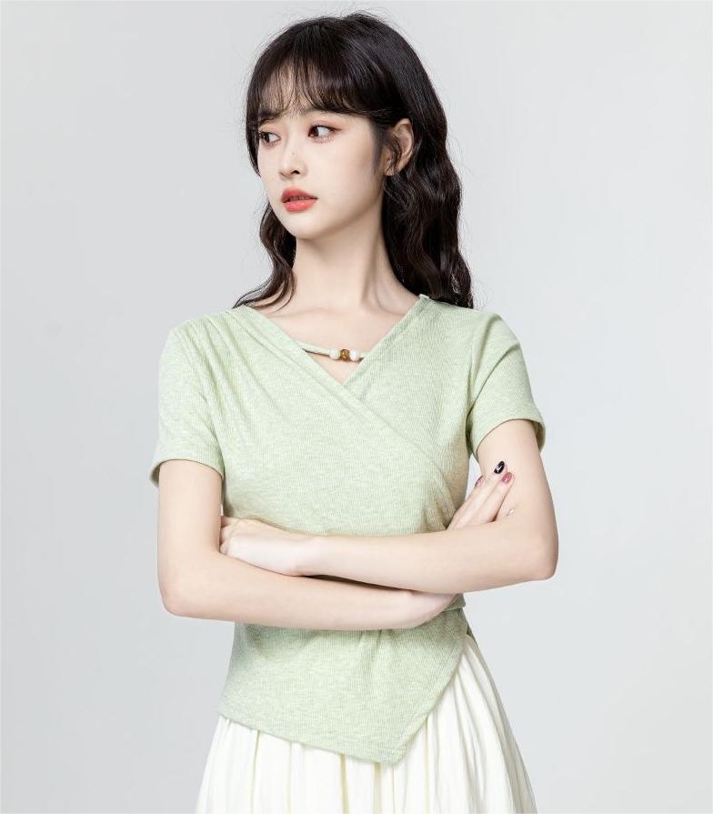 3色×半袖｜Vネック切り抜き アシンメトリー シルエットTシャツ レディース トップス