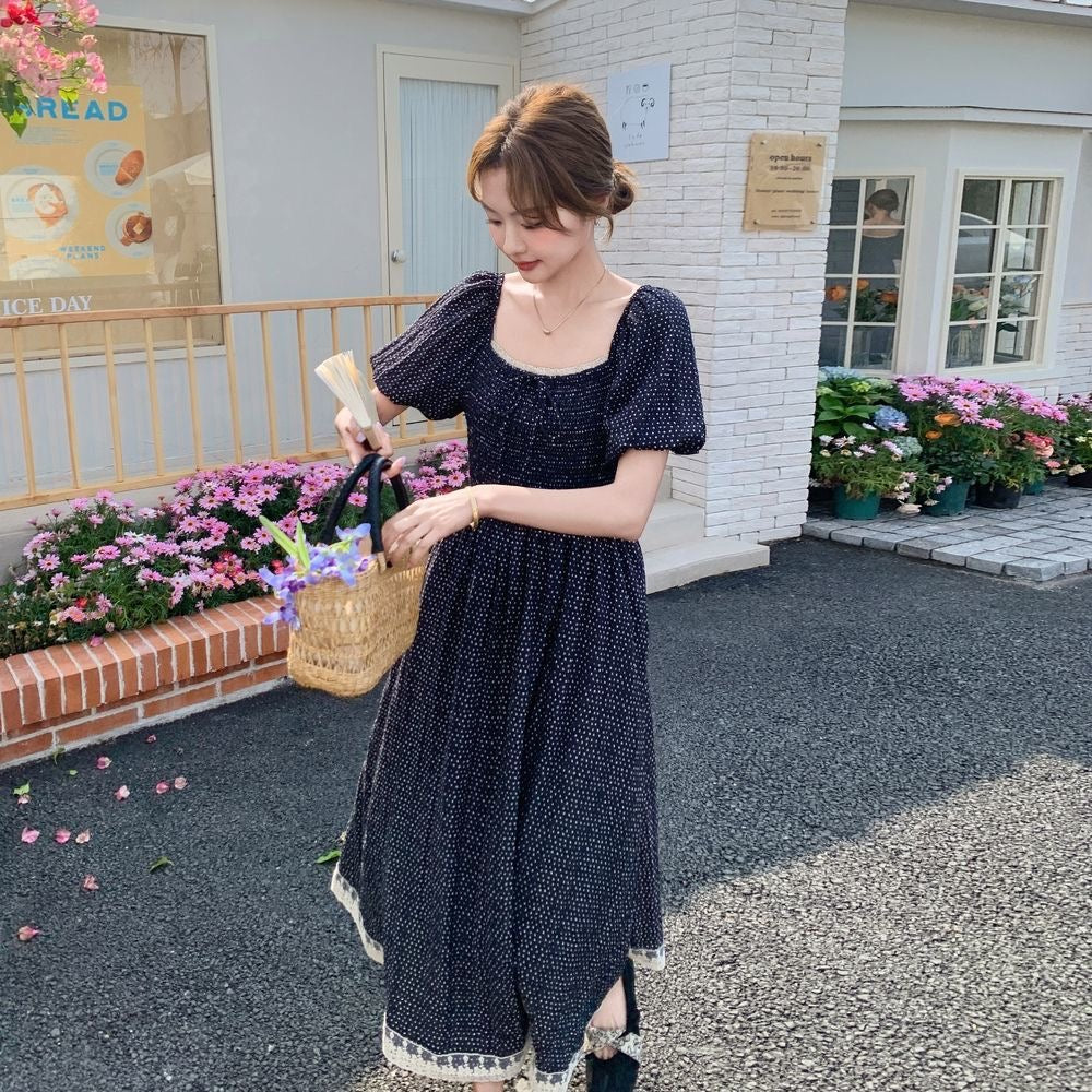ランタンスリーブ レース付き シェイプアップ レディース ロングワンピース