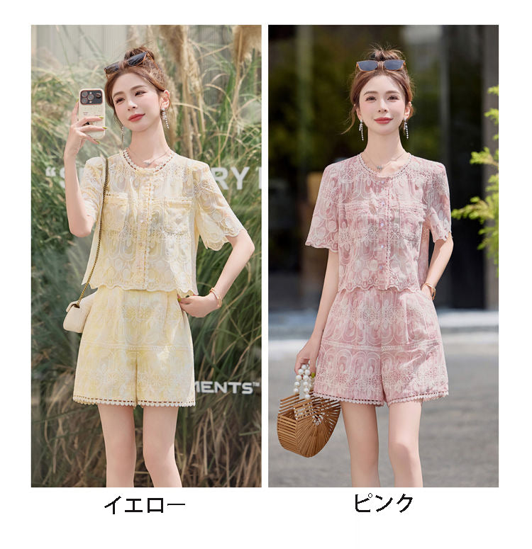 レース＆オープンワーク 半袖トップス＆ショートパンツ レディース セットアップ