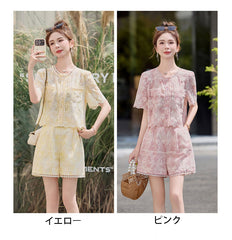 レース＆オープンワーク 半袖トップス＆ショートパンツ レディース セットアップ