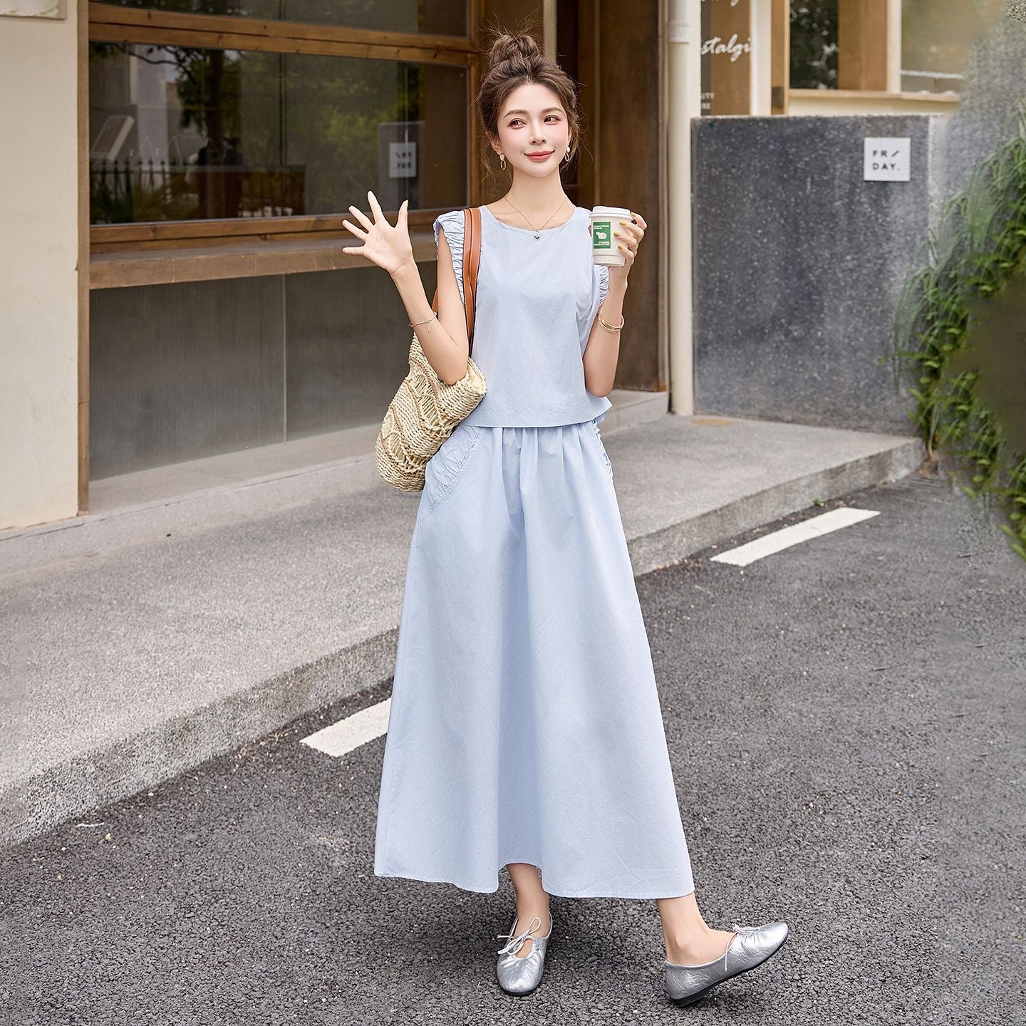 ブルーノースリーブトップス＆ロングスカート レディース セットアップ