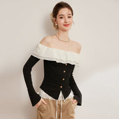 オフショルダー フリル スリムフィット フレア長袖 レディース トップス