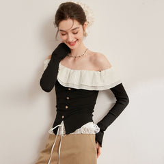 オフショルダー フリル スリムフィット フレア長袖 レディース トップス