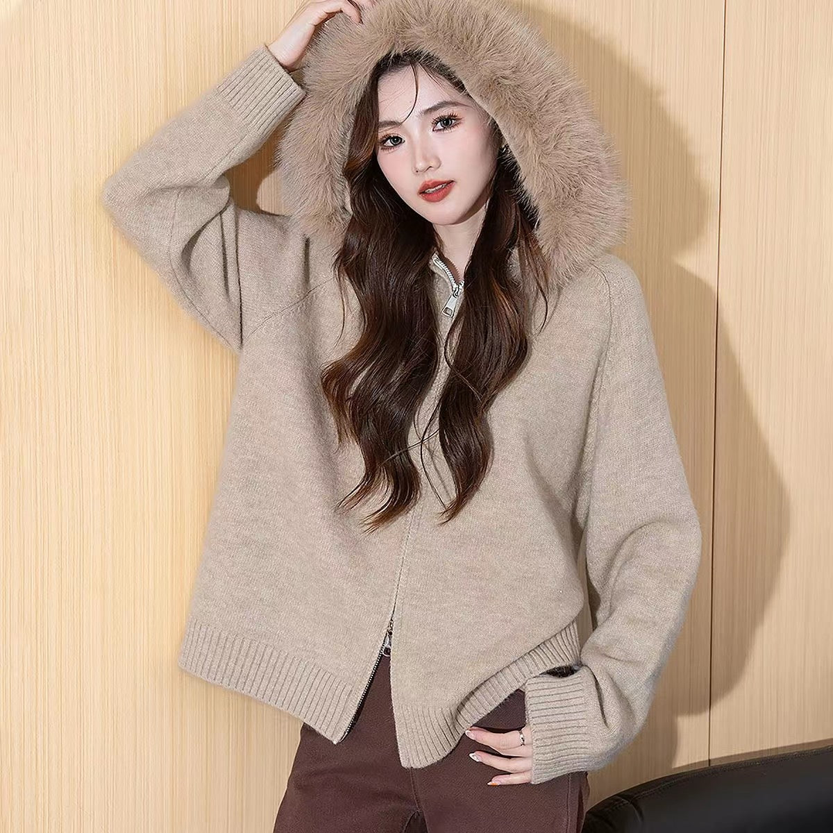 フード付き モコモコ ジッパー カーディガン レディース アウター