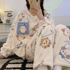 可愛いキャラ ゆるかわ パジャマ ルームウェア 暖かい 防寒 レディース セットアップ