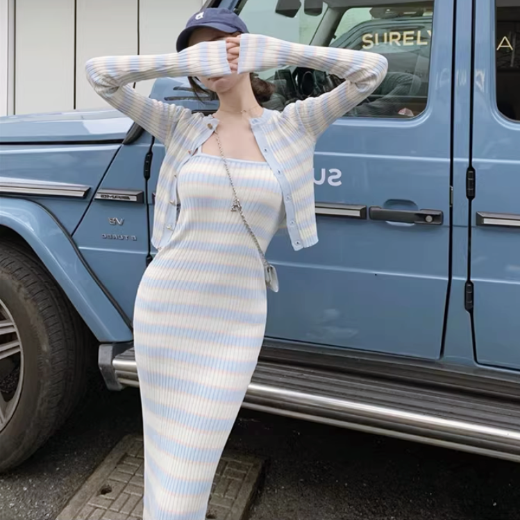 ボーダーキャミワンピースカーディガンセット