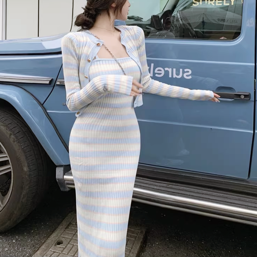 ボーダーキャミワンピースカーディガンセット