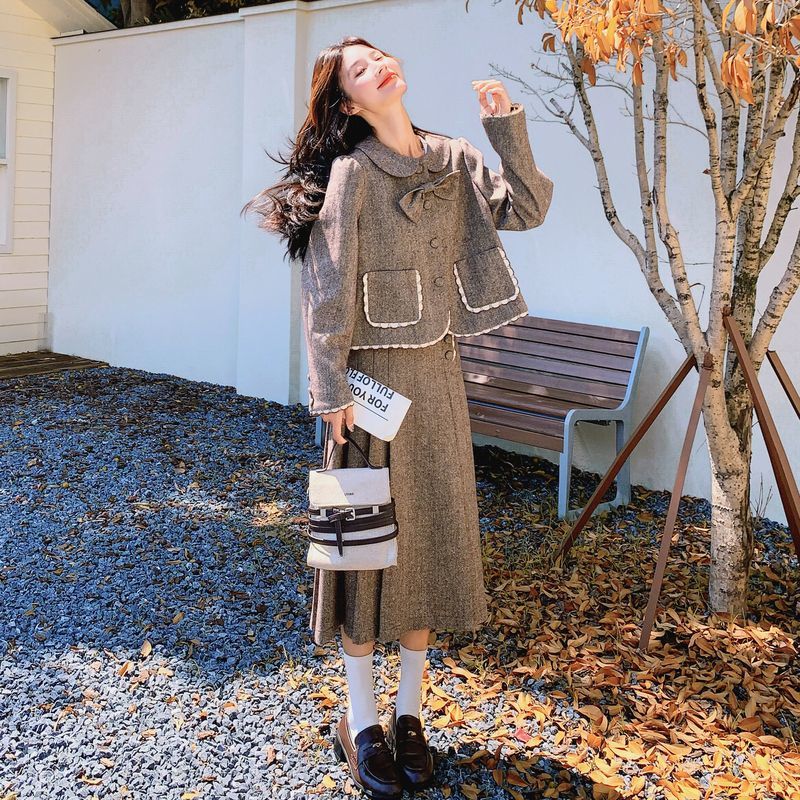 キュートなリボン襟ツイードジャケット＆スカート レディース春セットアップ