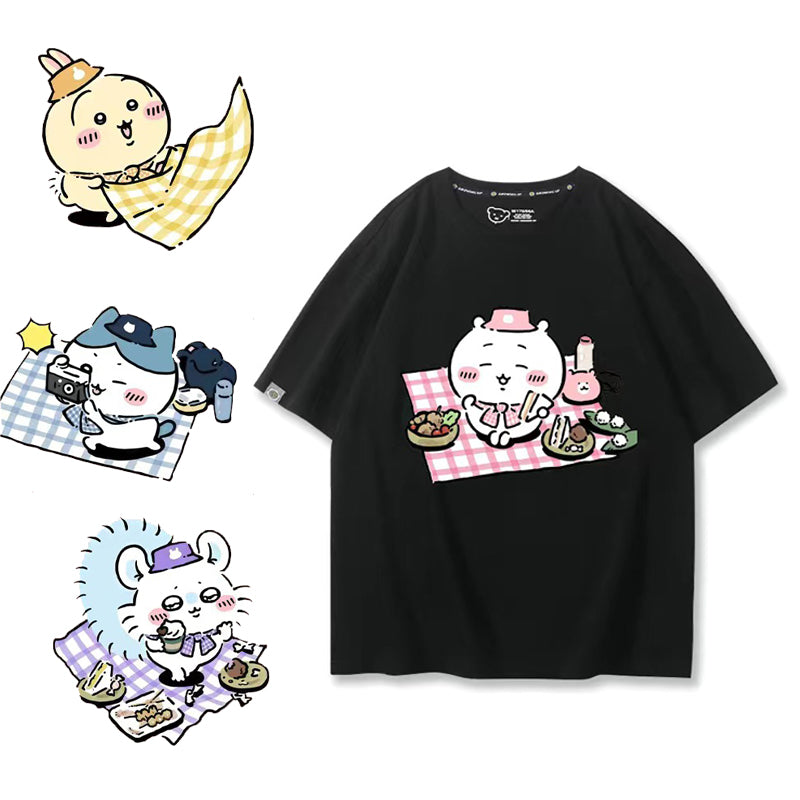可愛いキャラ ゆるかわ トップス ピクニック ユニセックス 半袖Ｔシャツ