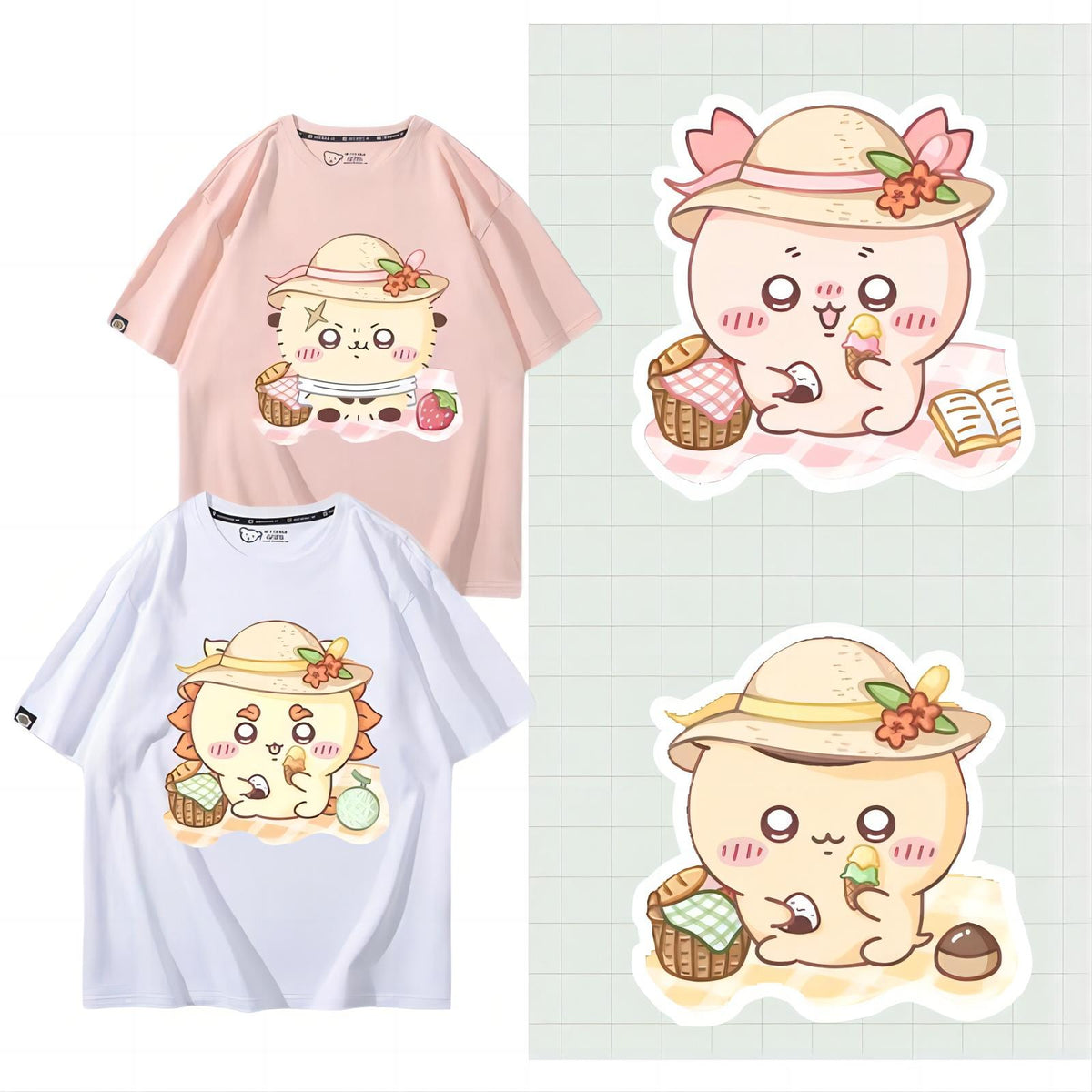 可愛いキャラ ゆるかわ トップス ピクニックのひととき ユニセックス 半袖Ｔシャツ