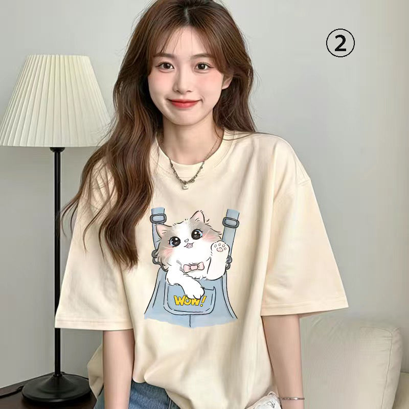 キャラクターシリーズ キティプリント×半袖  綿素材 キュートデザイン ユニセックス Tシャツ