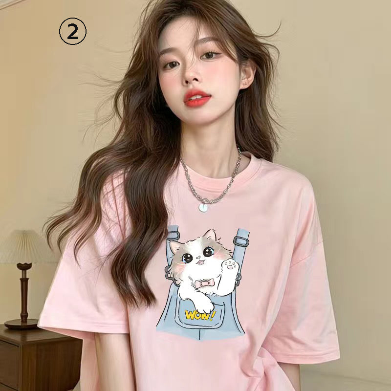 キャラクターシリーズ キティプリント×半袖  綿素材 キュートデザイン ユニセックス Tシャツ