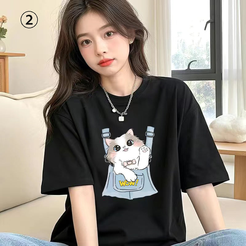 キャラクターシリーズ キティプリント×半袖  綿素材 キュートデザイン ユニセックス Tシャツ