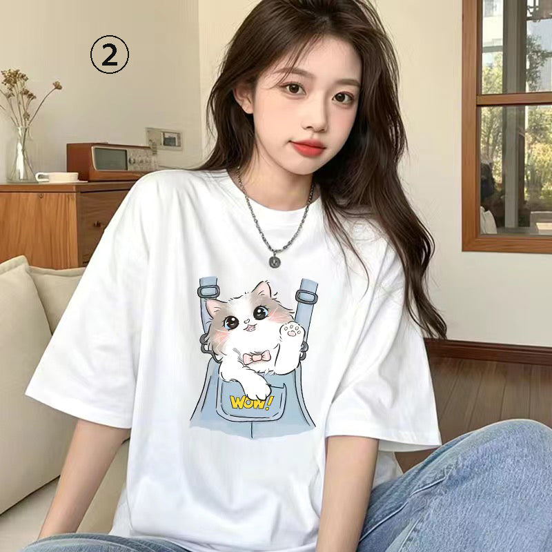 キャラクターシリーズ キティプリント×半袖  綿素材 キュートデザイン ユニセックス Tシャツ
