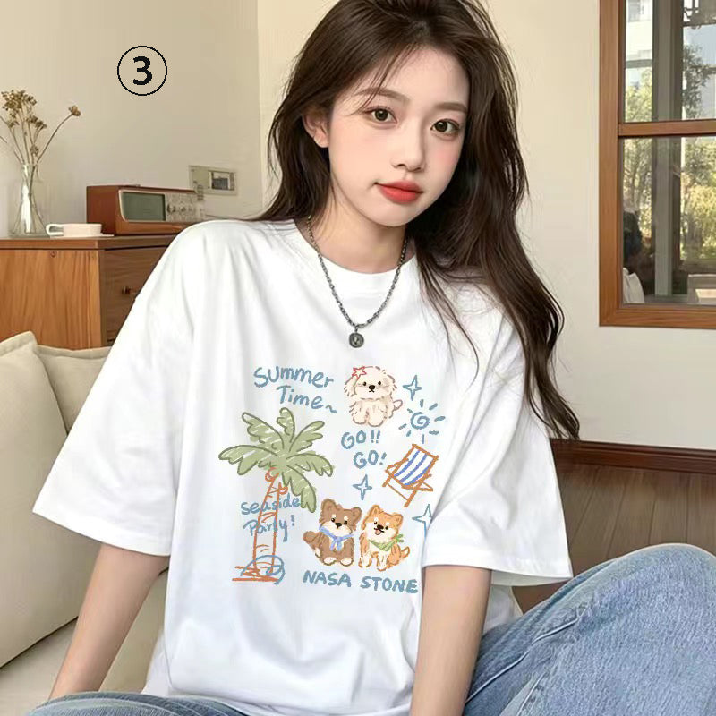 キャラクターシリーズ キティプリント×半袖  綿素材 キュートデザイン ユニセックス Tシャツ