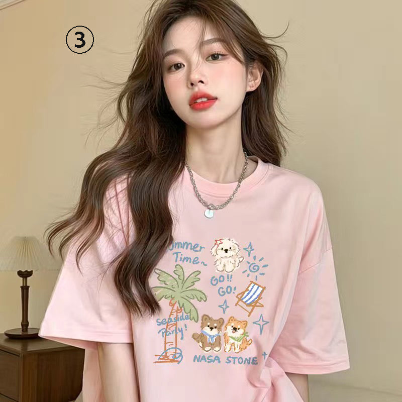 キャラクターシリーズ キティプリント×半袖  綿素材 キュートデザイン ユニセックス Tシャツ