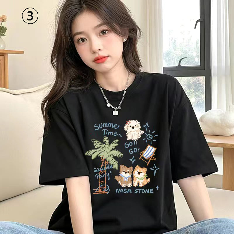キャラクターシリーズ キティプリント×半袖  綿素材 キュートデザイン ユニセックス Tシャツ