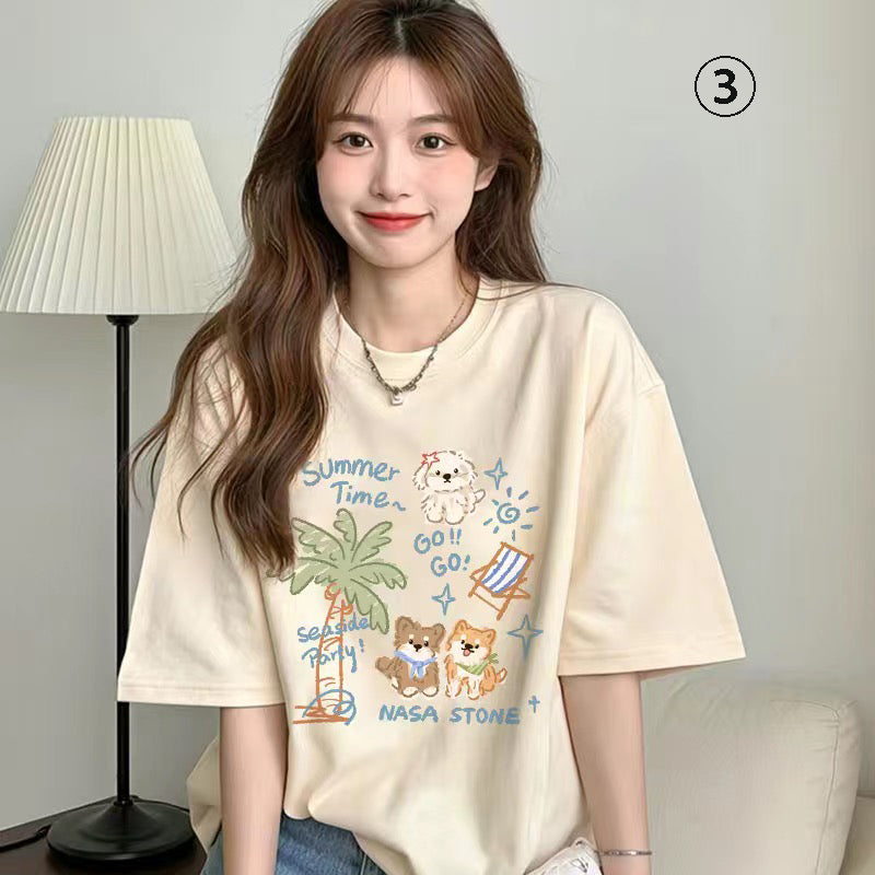 キャラクターシリーズ キティプリント×半袖  綿素材 キュートデザイン ユニセックス Tシャツ
