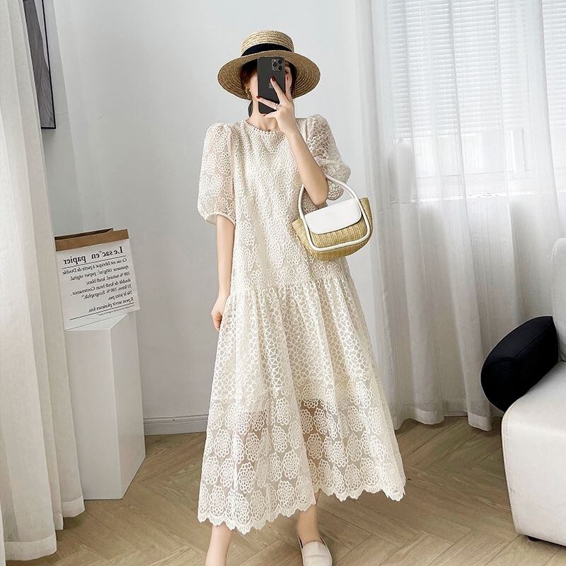 着痩せ ロング パフスリーブ 半袖 レースワンピース 大人カジュアル fashion ootd 夏コーデ ファッション coordinateコーディネート 夏服 カジュアルコーデ 今日のコーデ 大人コーデ レディース