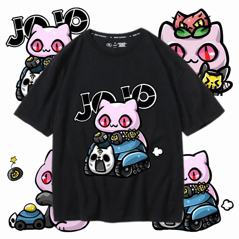 スタンド使い イラスト トップス キラー・クイーン 可愛いキャット ユニセックス 半袖 Ｔシャツ
