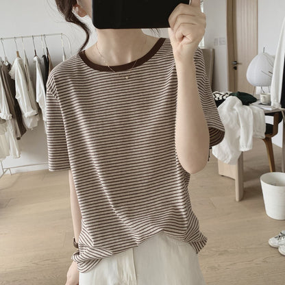 人気上昇中 ラウンドネック ボーダー シンプル Tシャツ 大人カジュアル fashion ootd 夏コーデ ファッション coordinateコーディネート 夏服 カジュアルコーデ 今日のコーデ 大人コーデ レディース