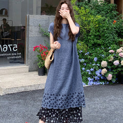 花柄ハイウエストロングスカート切替 レイヤード風 レディース ロングワンピースセット