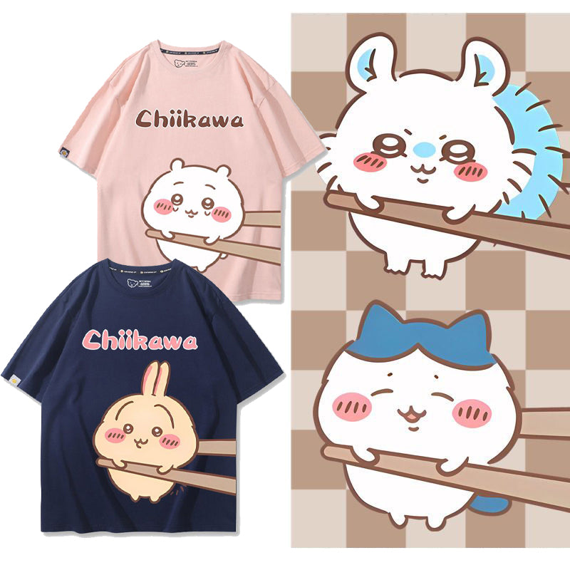可愛いキャラ ゆるかわ トップス 箸で挟まれる ユニセックス 半袖Ｔシャツ