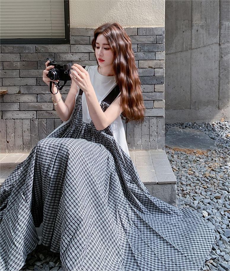 チェック柄切替 フェイクレイヤード レディース ロングAラインワンピース